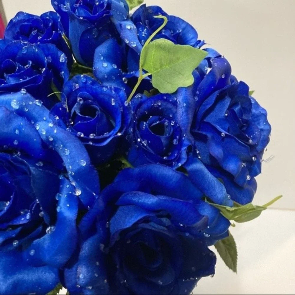 Blue Roses Artificial Flowers Dew Drop Rain Drop 2 Bunches 16
